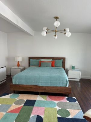 Bedroom, Interior, Pendant Lights, Wood Texture Flooring