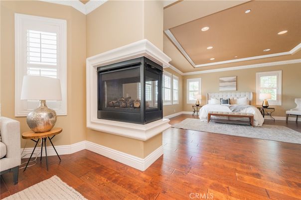 Bedroom, Fireplace, Interior, Recessed Lighting, Wood Texture Flooring