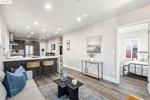Interior, Kitchen, Living room, Recessed Lighting, Stainless Steel Appliances, Wood Texture Flooring
