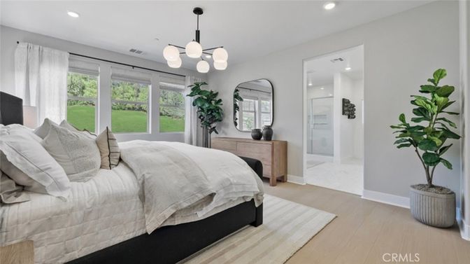 Bedroom, Interior, Pendant Lights, Recessed Lighting, Wood Texture Flooring