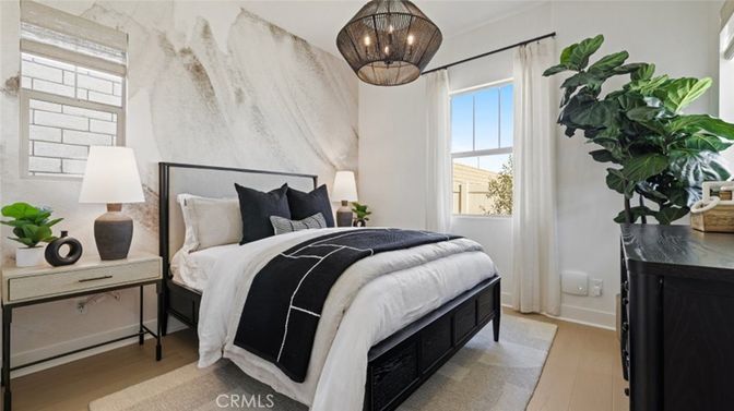 Bedroom, Interior, Pendant Lights, Wood Texture Flooring