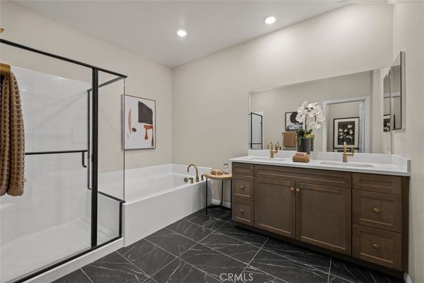 Bathroom, Dual Sink Vanities, Glass Shower, Interior, Marble, Recessed Lighting