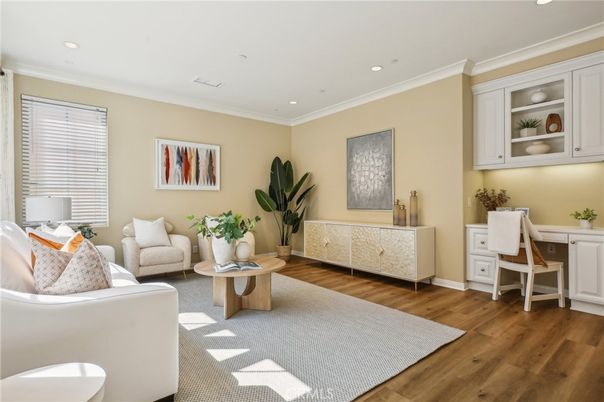 Home Office, Interior, Living room, Recessed Lighting, Wood Texture Flooring