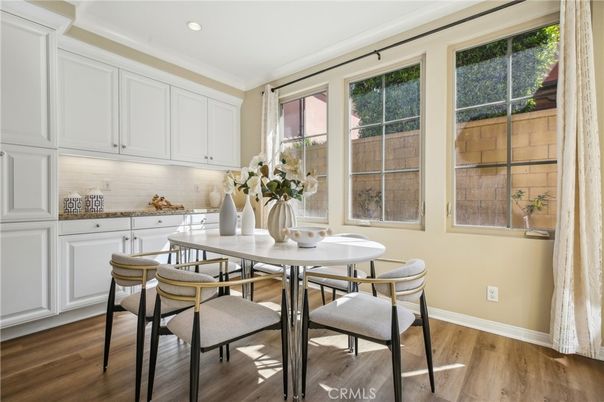 Dining room, Interior, Recessed Lighting, Wood Texture Flooring