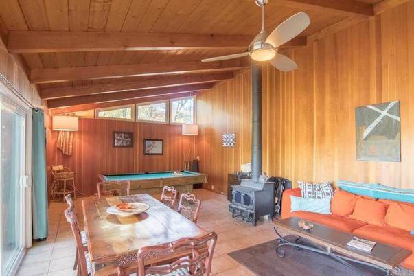 Billiard Table, Dining room, Fireplace, Game Room, Interior, Living room, Wooden Beams, Wooden Ceilings, Wooden Walls