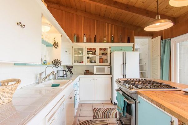 Interior, Kitchen, Pendant Lights, Tile Countertops, Wooden Beams, Wooden Ceilings