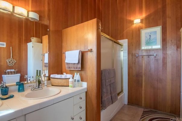 Bathroom, Interior, Tile Countertops, Wooden Walls