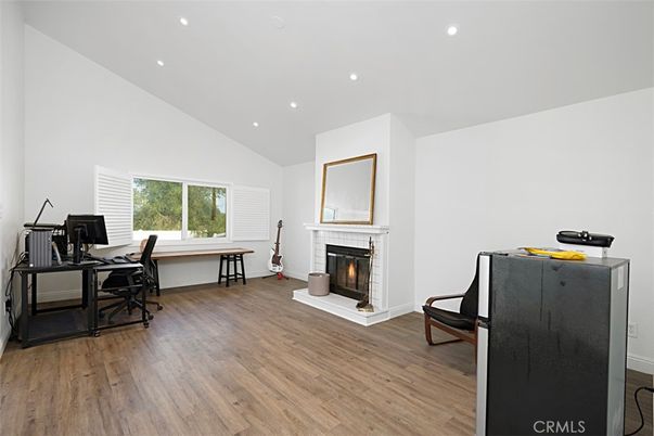 Fireplace, Home Office, Interior, Recessed Lighting, Wood Texture Flooring