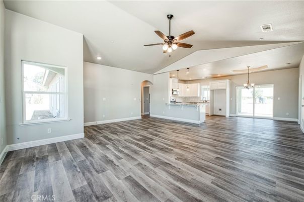 Empty room, Interior, Kitchen, Pendant Lights, Recessed Lighting, Wood Texture Flooring