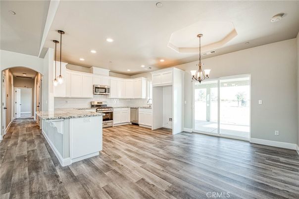 Chandelier, Interior, Kitchen, Pendant Lights, Recessed Lighting, Stainless Steel Appliances, Wood Texture Flooring