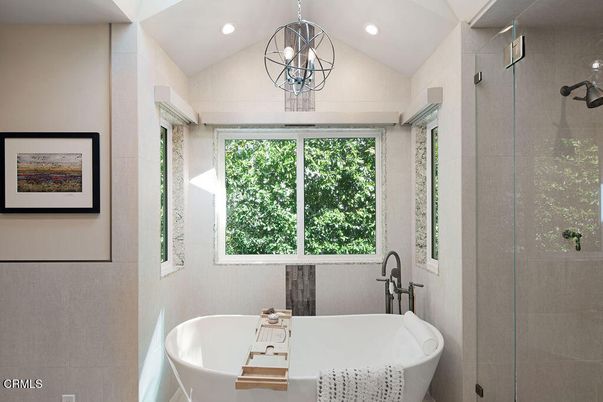 Bathroom, Free Standing Baths, Glass Shower, Interior, Pendant Lights, Recessed Lighting