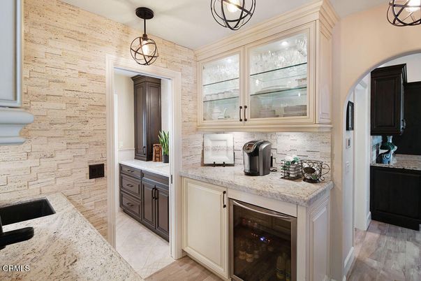 Interior, Kitchen, Pendant Lights, Stone Walls, Wood Texture Flooring