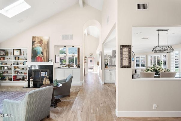 Fireplace, Interior, Pendant Lights, Wood Texture Flooring