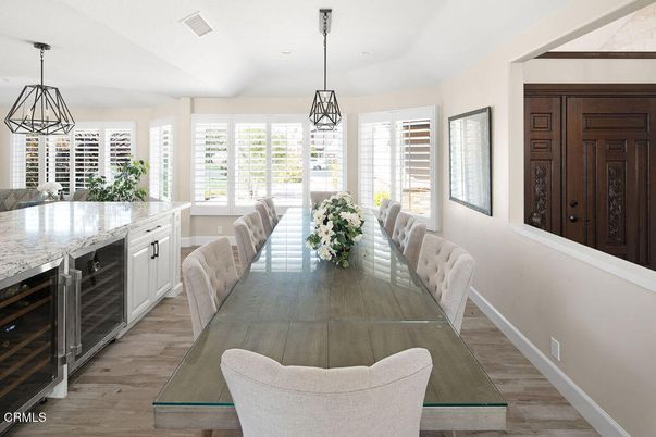 Dining room, Interior, Pendant Lights, Wood Texture Flooring
