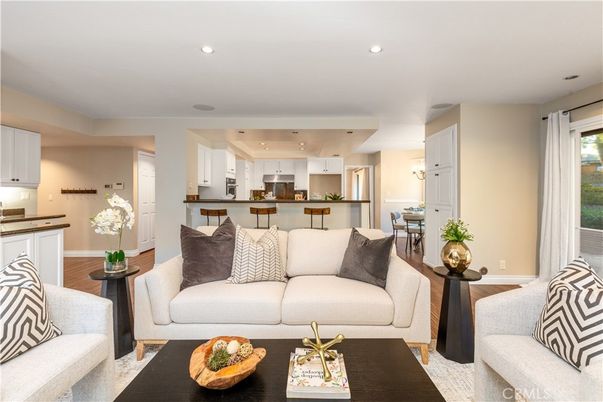 Dining room, Interior, Kitchen, Living room, Recessed Lighting, Stainless Steel Appliances, Wood Texture Flooring