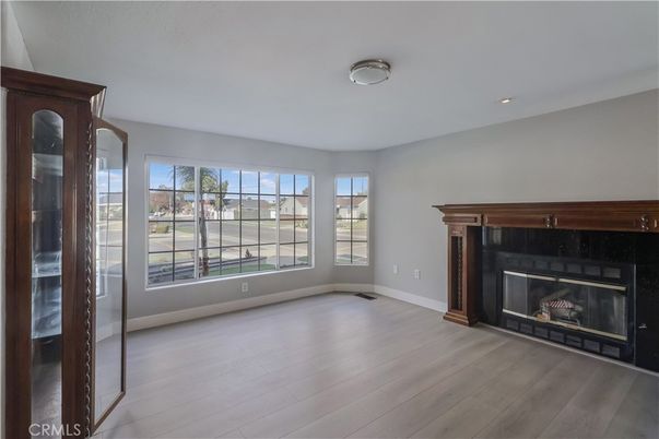 Empty room, Fireplace, Interior, Recessed Lighting, Wood Texture Flooring