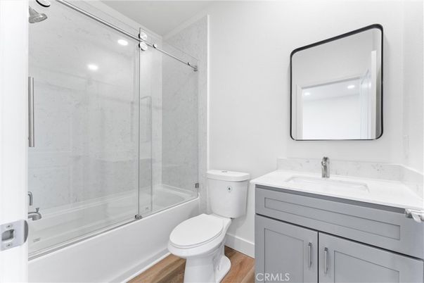 Bathroom, Glass Shower, Interior, Recessed Lighting, Wood Texture Flooring