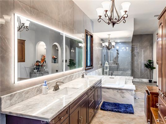Bathroom, Chandelier, Dual Sink Vanities, Glass Shower, Interior, Marble