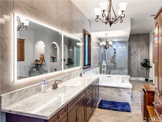 Bathroom, Chandelier, Dual Sink Vanities, Glass Shower, Interior, Marble