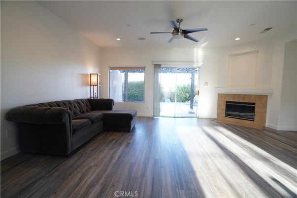 Empty room, Fireplace, Interior, Recessed Lighting, Wood Texture Flooring