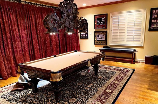 Billiard Table, Chandelier, Game Room, Interior, Recessed Lighting, Wood Texture Flooring