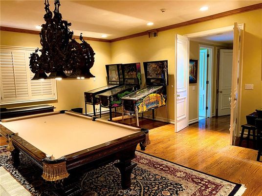 Billiard Table, Chandelier, Game Room, Interior, Recessed Lighting, Wood Texture Flooring