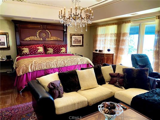 Bedroom, Chandelier, Interior, Wood Texture Flooring