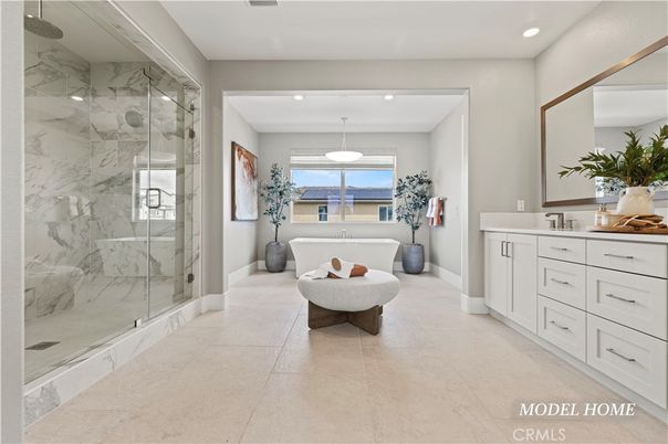 Bathroom, Free Standing Baths, Glass Shower, Interior, Marble Walls, Pendant Lights, Recessed Lighting