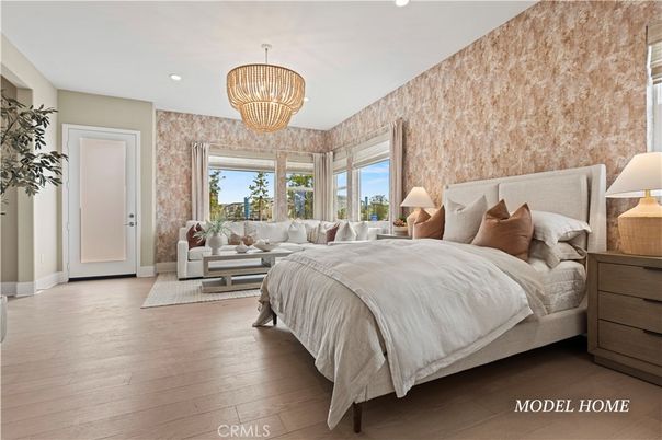 Bedroom, Chandelier, Interior, Recessed Lighting, Wood Texture Flooring