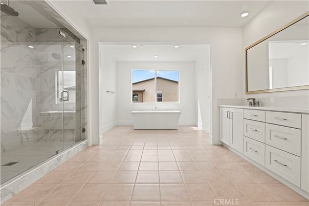 Bathroom, Free Standing Baths, Glass Shower, Interior, Marble Walls, Recessed Lighting