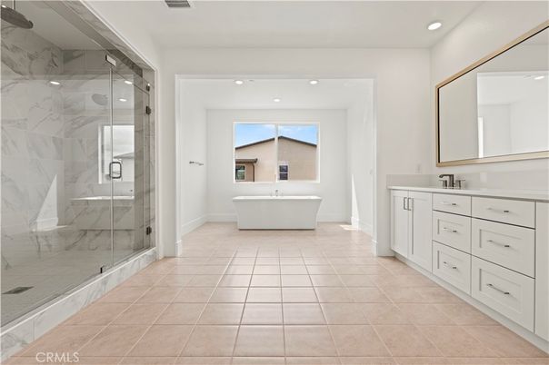 Bathroom, Free Standing Baths, Glass Shower, Interior, Marble Walls, Recessed Lighting