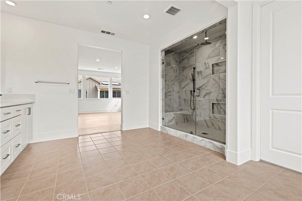 Bathroom, Glass Shower, Interior, Marble Walls, Recessed Lighting