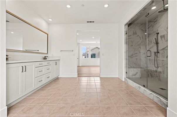 Bathroom, Glass Shower, Interior, Marble Walls, Recessed Lighting