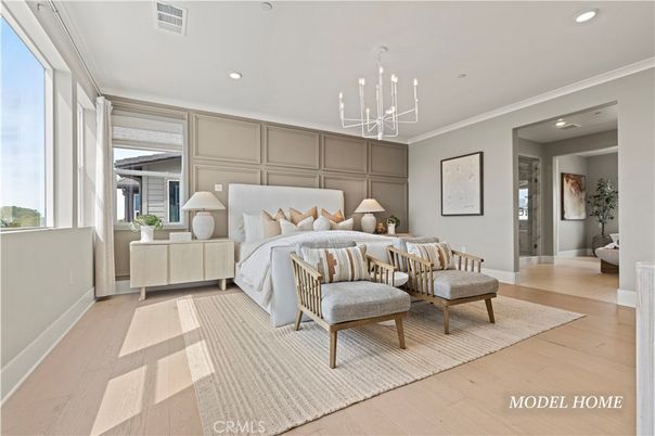 Bedroom, Interior, Pendant Lights, Recessed Lighting, Wood Texture Flooring