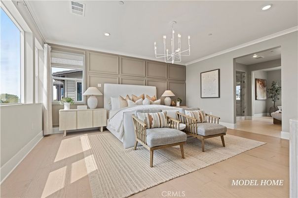 Bedroom, Interior, Pendant Lights, Recessed Lighting, Wood Texture Flooring