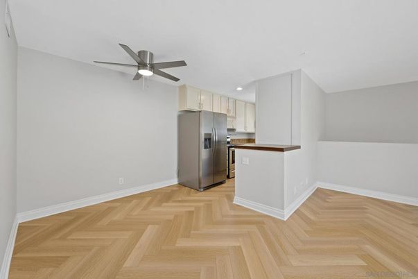 Empty room, Interior, Kitchen, Recessed Lighting, Wood Texture Flooring