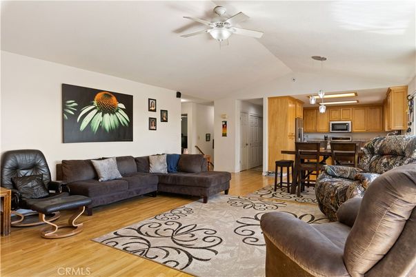 Dining room, Interior, Kitchen, Living room, Pendant Lights, Stainless Steel Appliances, Wood Texture Flooring