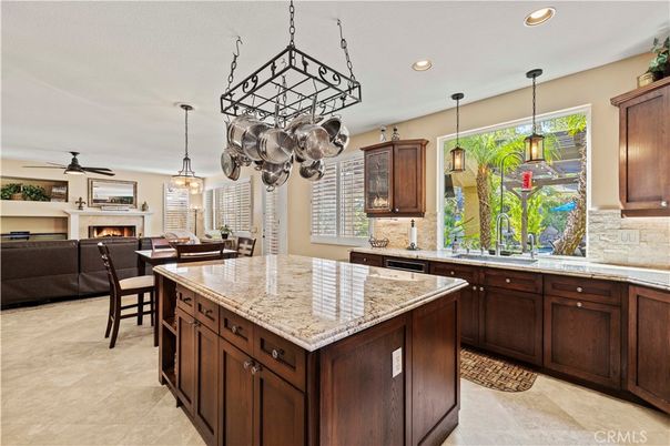 Dining room, Fireplace, Interior, Kitchen, Living room, Pendant Lights, Recessed Lighting