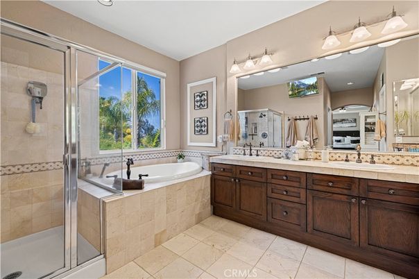 Bathroom, Dual Sink Vanities, Glass Shower, Interior, Recessed Lighting, Tile Countertops
