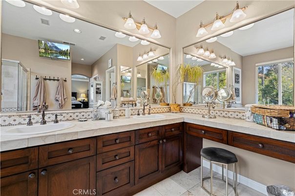 Bathroom, Dual Sink Vanities, Interior, Recessed Lighting, Tile Countertops