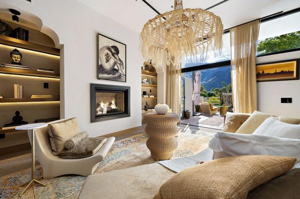 Chandelier, Fireplace, Interior, Living room