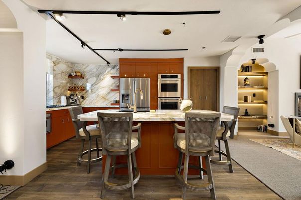 Dining room, Interior, Kitchen, Marble Walls, Stainless Steel Appliances, Wood Texture Flooring
