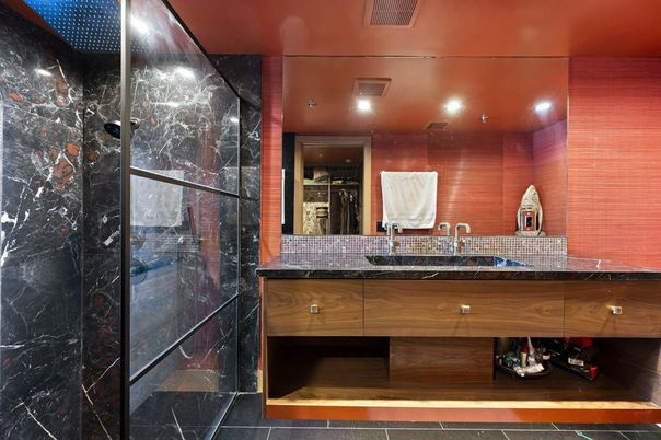 Bathroom, Glass Shower, Interior, Marble Walls, Recessed Lighting