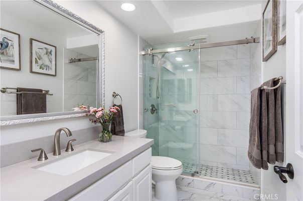 Bathroom, Glass Shower, Interior, Marble, Marble Walls, Recessed Lighting