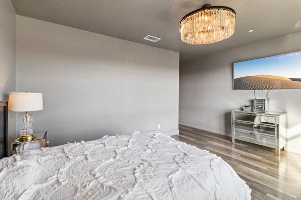 Bedroom, Chandelier, Interior, Recessed Lighting, Wood Texture Flooring
