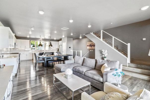 Dining room, Interior, Kitchen, Living room, Pendant Lights, Recessed Lighting, Stainless Steel Appliances, Wood Texture Flooring