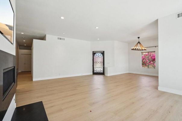 Chandelier, Empty room, Interior, Recessed Lighting, Wood Texture Flooring