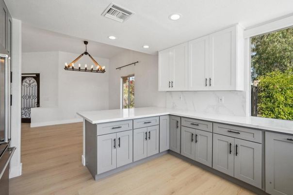 Interior, Kitchen, Marble Walls, Pendant Lights, Recessed Lighting, Wood Texture Flooring