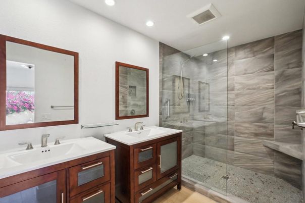 Bathroom, Dual Sink Vanities, Glass Shower, Interior, Recessed Lighting