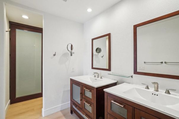 Bathroom, Dual Sink Vanities, Interior, Recessed Lighting, Wood Texture Flooring